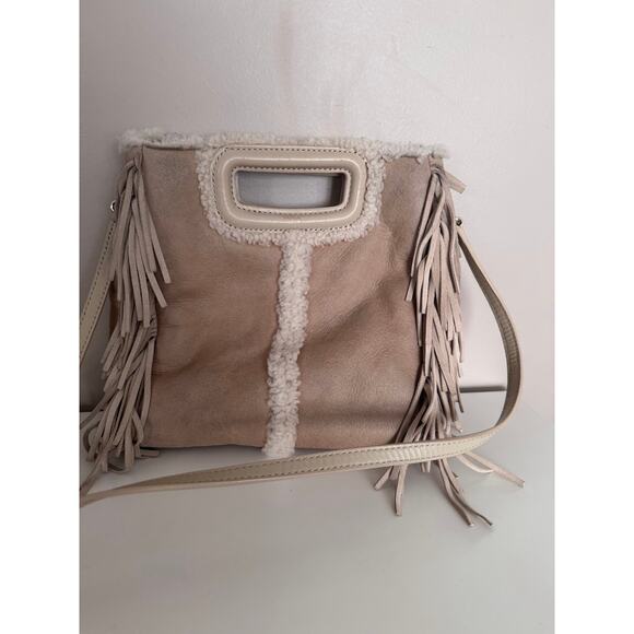 Maje Sheepskin Sherpa Fringe Crossbody Handbag Nude Natural Cream - Picture 8 of 9